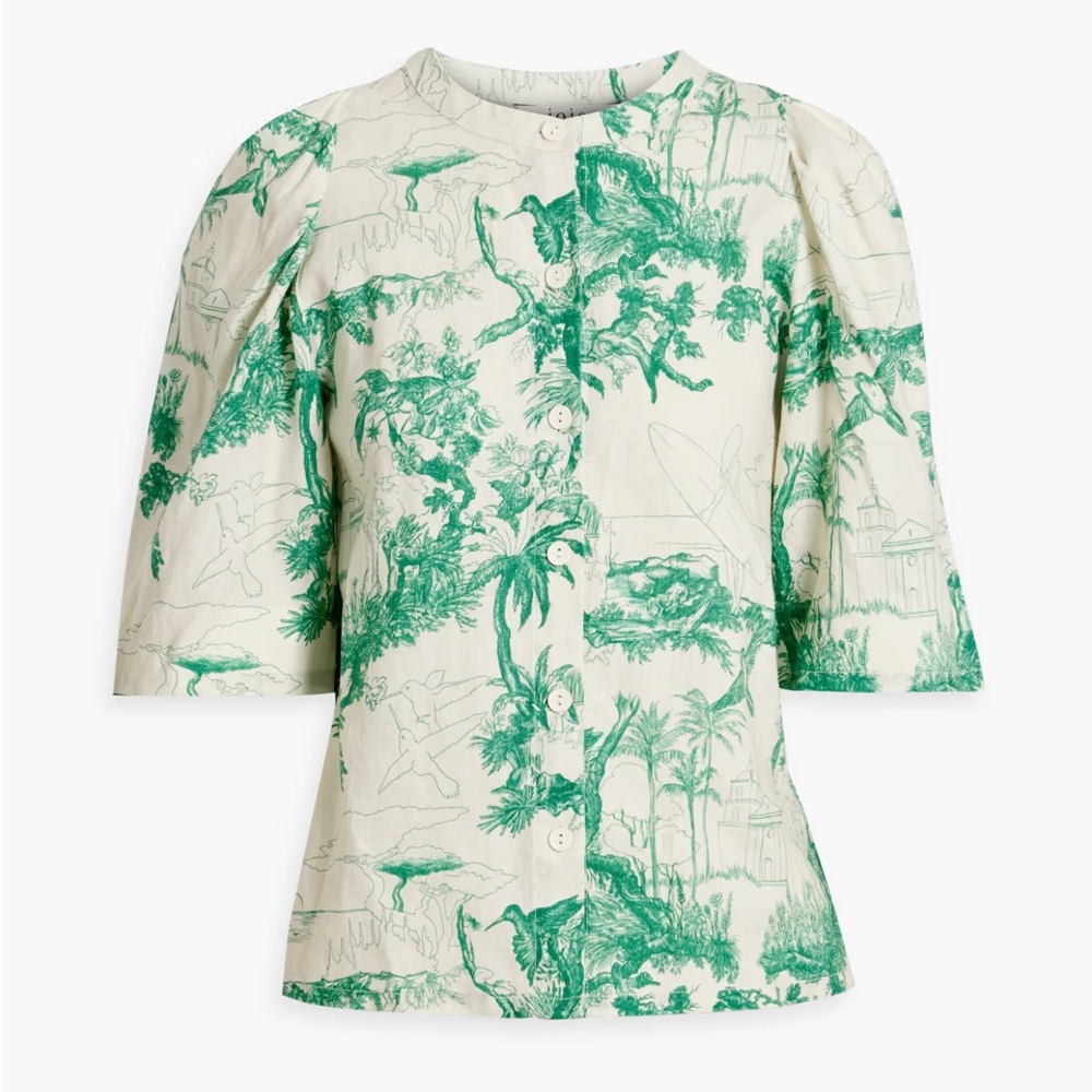 Joie Eldridge Printed Linen Top in Green and Off-White